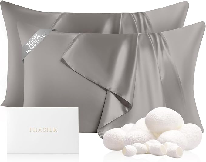 THXSILK Set of 2 100% Natural Mulberry Silk Pillowcases for Hair and Skin, 22 Momme Pillowcases with Hidden Zipper, Soft Breathable Smooth Both Sided Silk Pillow Cover(Standard 20in x 26in, Grey)