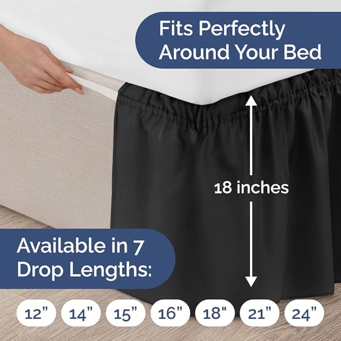 Wrap Around Dust Ruffle Bed Skirt - Black - for King Size Beds with 18 Inch Drop - Easy Fit Elastic Strap - Adjustable Pleated Bedskirt w/Brushed Fabric - Wrinkle Free - for Women, Men, Kids & Teens