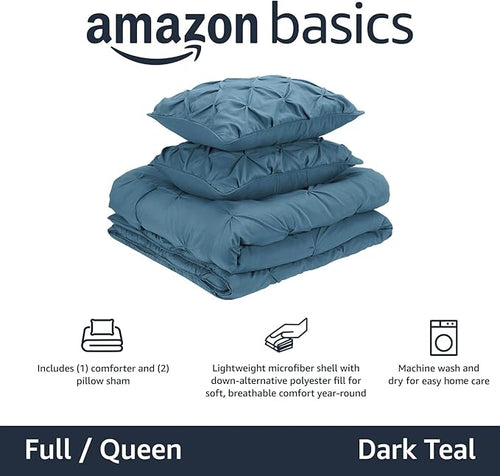 Amazon Basics Queen Size Comforter Sets with Microfiber Pillow Shams, All-Season Down-Alternative 3-Piece Bedding Set, Pinch Pleat Design, Full/Queen Size, Dark Teal