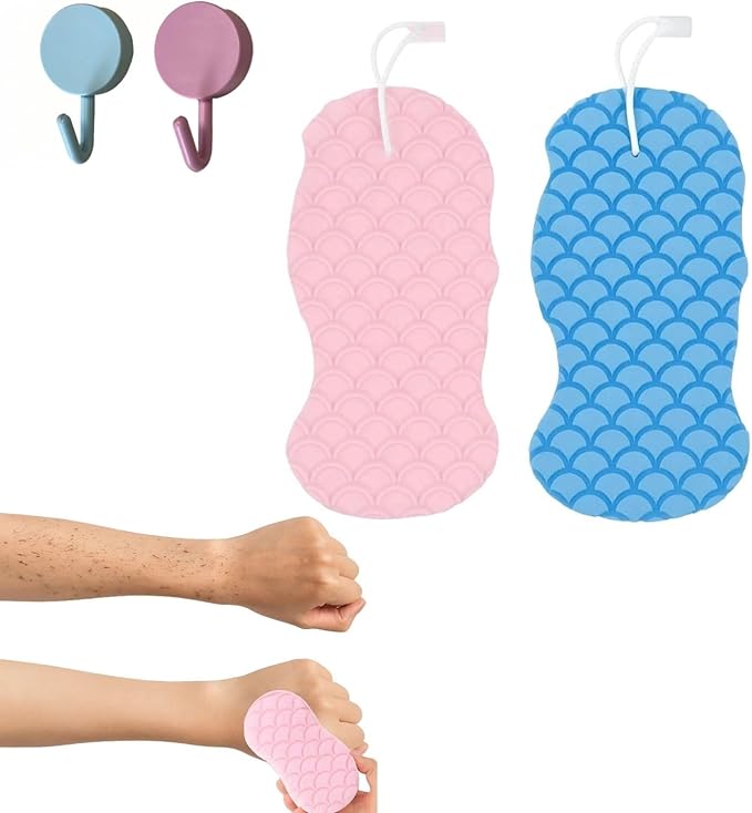 Skin Scrubber Exfoliator - 3D Super Soft Body Scrub Sponge for Dead Skin Removal, Reusable Skin-Friendly Exfoliator Also a Gentle Bath Sponge for Baby, for Adults, Kids & Pregnant Women (Blue+Pink)
