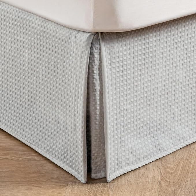 MIYE Pleated Waffle Weave Bed Skirt, Tailored Dust Ruffle 12 Inch Drop Easy Fit, Machine Washable (Light Grey, King - 12" Drop)