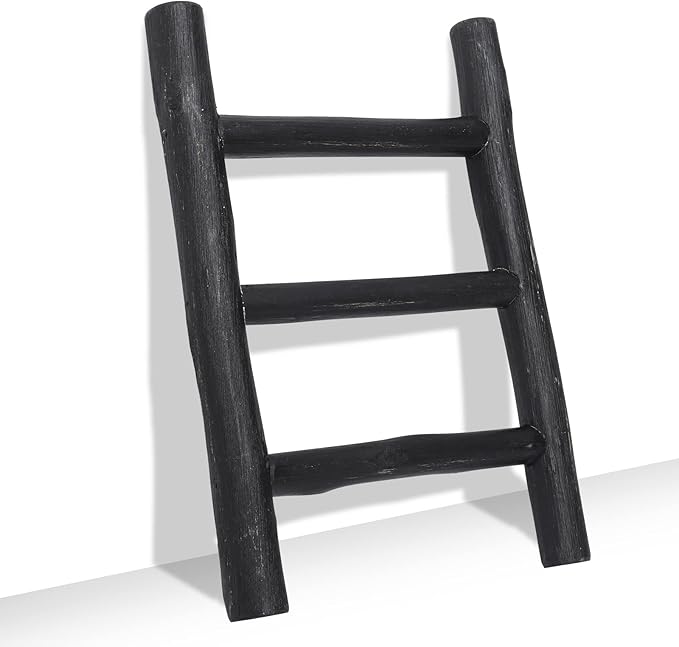 FUIN Fully Assembled Wooden Tea Towel Ladder, Mini Ladder Towel Rack Display Hanger, Small Rustic Farmhouse Tea Towel Stand Holder for Country Bathroom Decor, Black