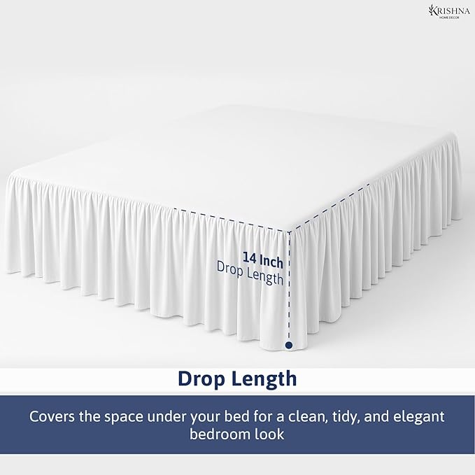 KRISHNA Ruffled Bed Skirt with Split Corners Twin, 100% Microfiber Hotel Quality, 14 Inch Drop Dust Ruffle Gathered Bedskirt with Platform, 39" x 75", White