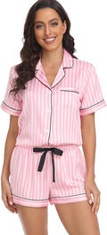 Women's Satin Pajama Set 2-Piece Sleepwear Loungewear Button Down Short Sleeve Silky PJ Set