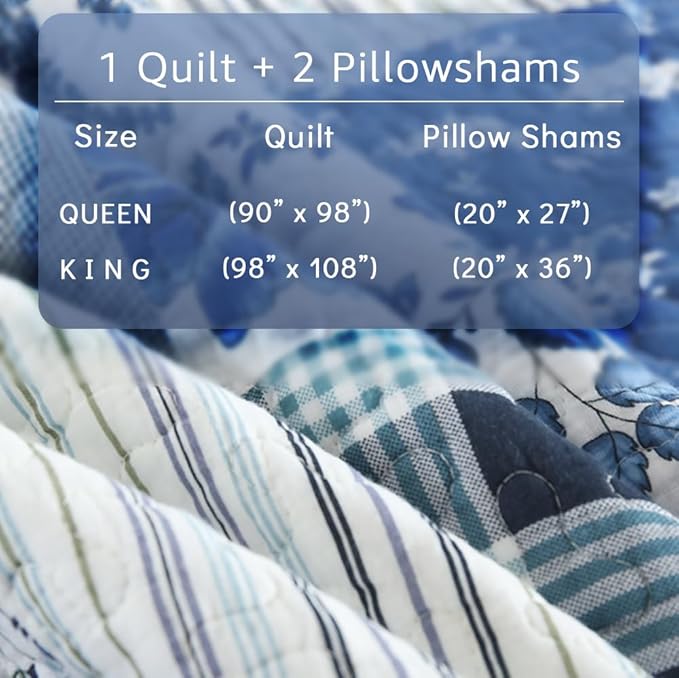 Cotton Bedspread Quilt Bedding Sets 3 Pieces Reversible Coverlet Sets Comforters Rustic Floral Patchwork Blue White Bedspread, King Size