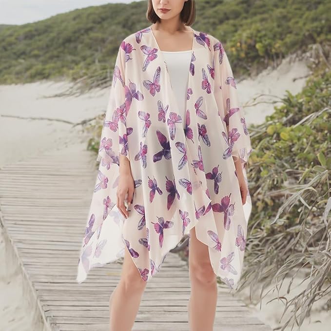 Women's Bohemian Floral Chiffon Beach Cover up Swimsuit Kimono Summer Swimwear Cardigans