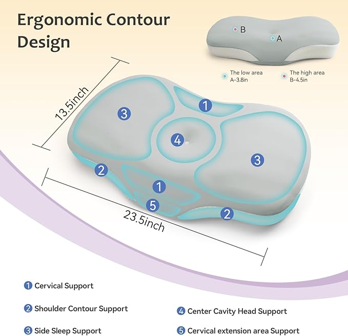Cervical Neck Pillow for Pain Relief - Cooling Side Sleeper Pillow for Sleeping, Ergonomic Memory Foam Pillows for Neck Support, Contour Orthopedic Bed Pillow for Back Stomach Sleepers (Grey)