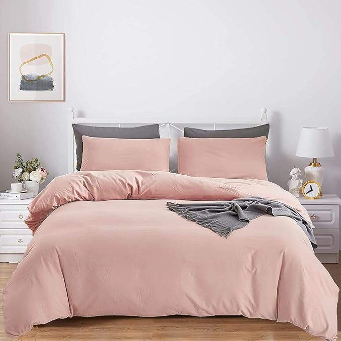 KAREVER Queen Blush Pink Cotton Comforter Set, 3 PCS Breathable Bedding with 2 Pillowcases, Fade-Resistant, Lightweight, Durable, Ideal for Gift