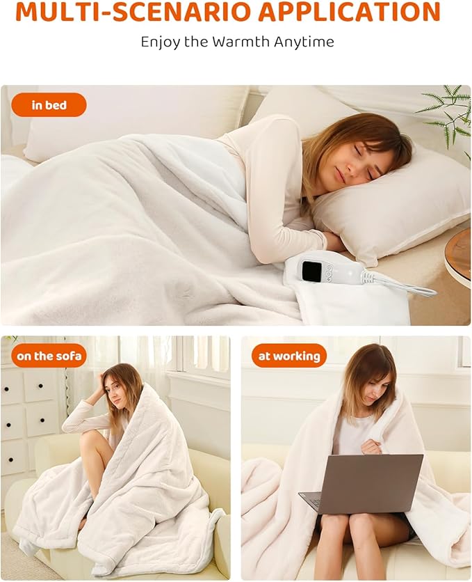 Heated Blanket Electric Blanket Throw Size, Super Soft Cozy Upgraded Flannel Heating Blanket with 9 Heating Levels & 1-9 Hours Auto Off, Fast Heat & Overheat Protection, 50" x 60", Blush White