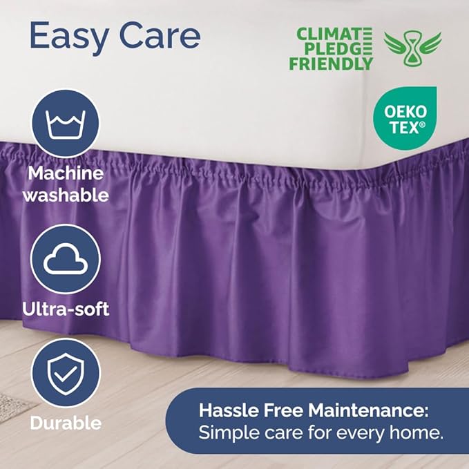 Wrap Around Dust Ruffle Bed Skirt - Purple - for Full Size Beds with 12 Inch Drop - Easy Fit Elastic Strap - Adjustable Pleated Bedskirt w/Brushed Fabric - Wrinkle Free - for Women, Men, Kids & Teens
