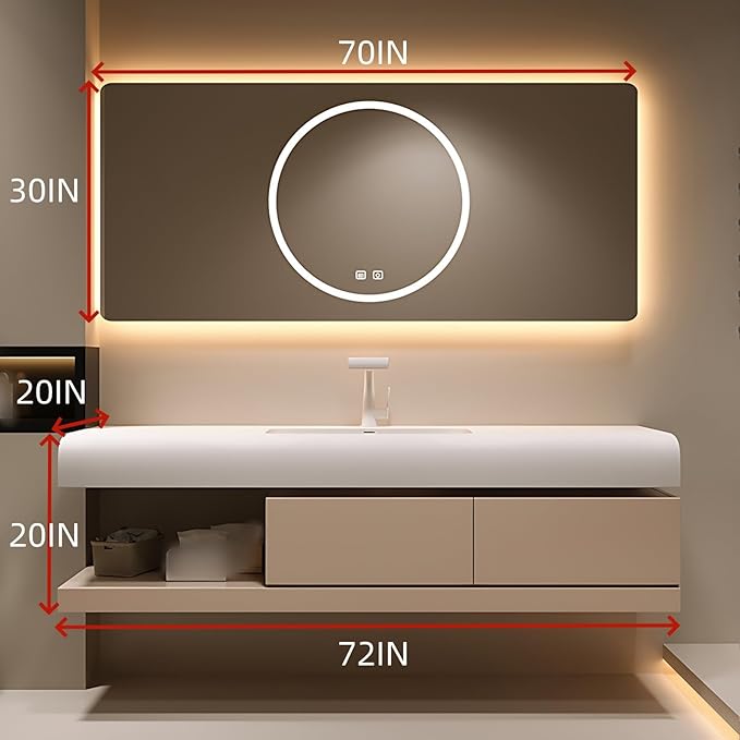 72IN Bathroom Vanity with Sink - Bathroom Cabinet Set has 2 Drawers & Overflow Hole Wall Mounted | LED Practical Defogging Mirror, Open Compartments, Seamless Rock Slab Basin (Khaki)
