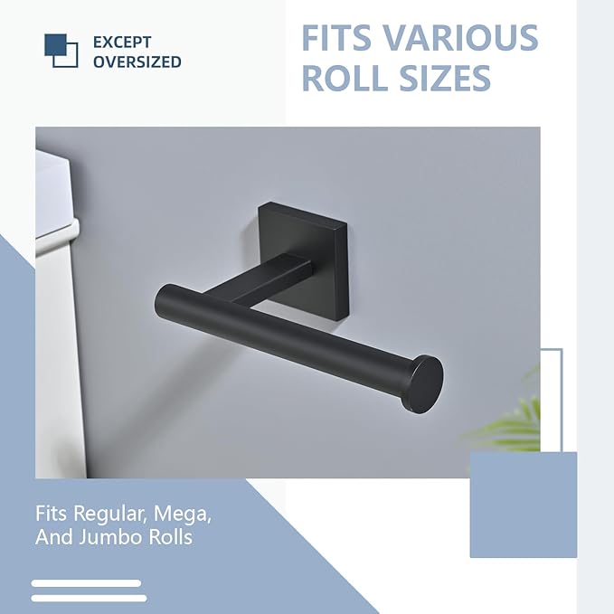 Matte Bathroom Hardware Set, Toilet Paper Holder with 2 Square Towel Hooks, 3PCS SUS 304 Stainless Steel Set, Wall Mounted, Rust Resistant, Modern Fingerprint-Free Finish (Black)