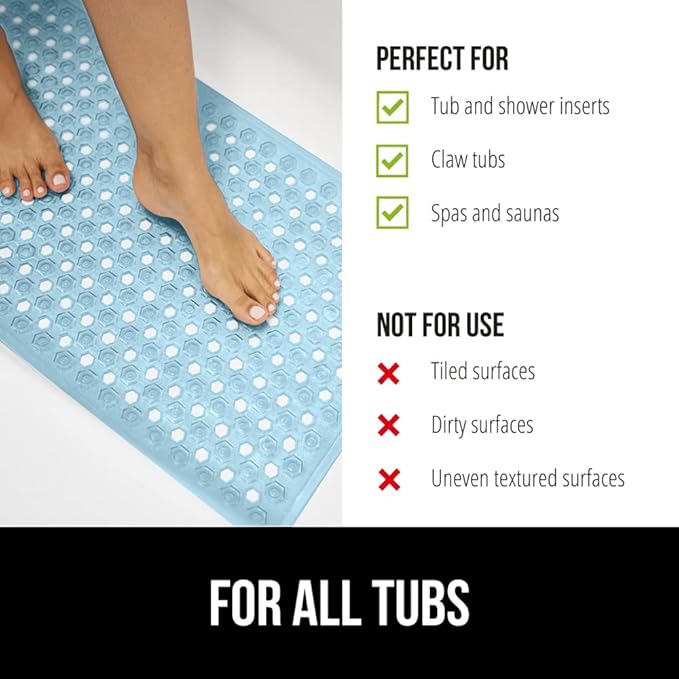 GORILLA GRIP Patented Bath Tub Shower Mat, Machine Washable Bathtub Floor Liner Mats, Suction Cups and Drain Holes to Keep Tubs Clean, Soft on Feet, Bathroom Essentials, 35x16 Inch, Clear Blue