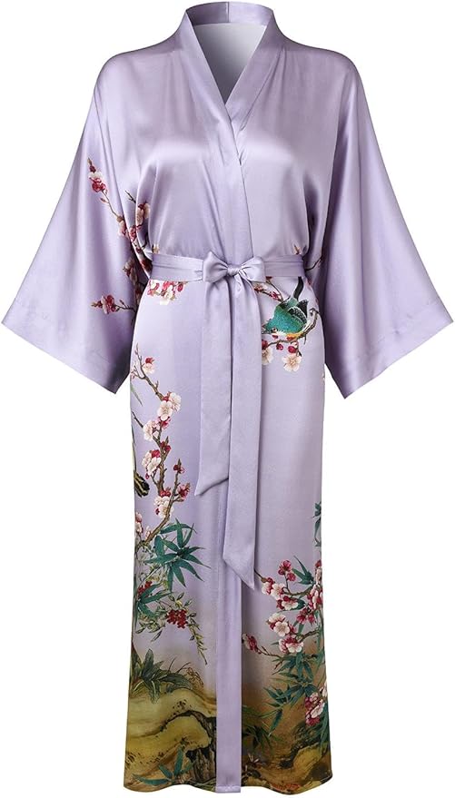 Women's Silk Kimono Robe Long Bathrobe Nightgown 100% Mulberry Silk for Women - Classic Floral Pattern