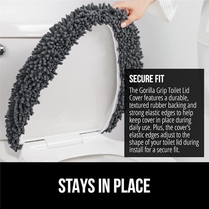 GORILLA GRIP Soft Chenille Bathroom Toilet Lid Cover, Machine Washable Seat Covers, 19.5x18.5, Stays in Place Rubber Backing, Fits Most Round, Elongated and Oblong Lids, Accessories Decor, Charcoal