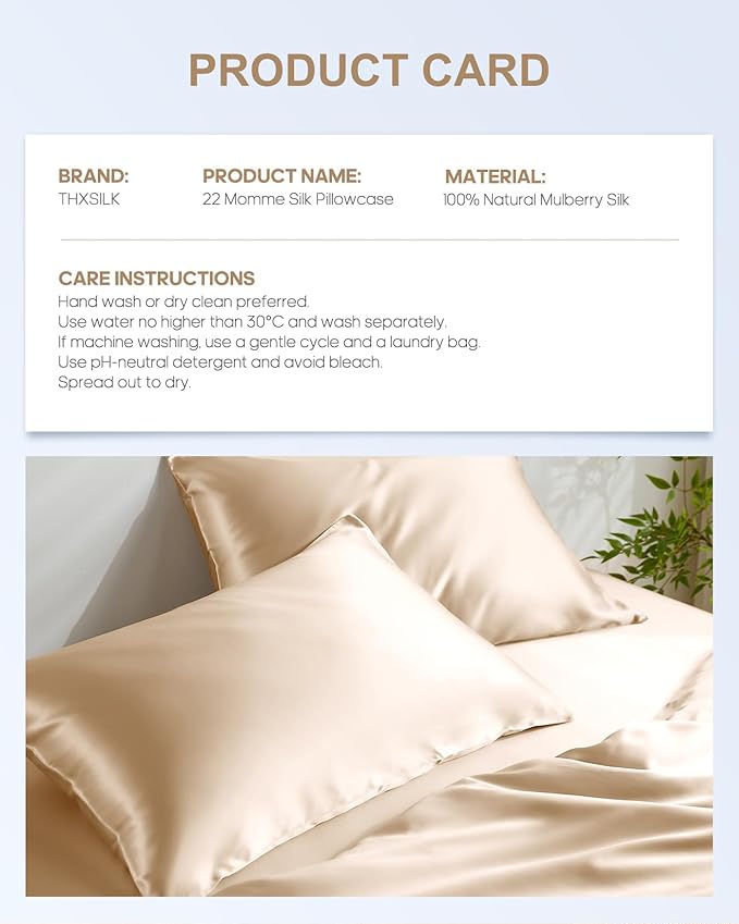 THXSILK 100% Mulberry Silk Pillowcase for Hair and Skin, Grade 6A+ Mulberry Silk Pillow Case 22 Momme, Hypoallergenic Pillow Case Cover with Zipper, 1pc (Queen 20"x30", Beige)