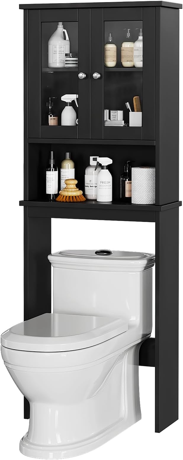 Meilocar Over The Toilet Storage Cabinet for Bathroom, Black Storage Organizer Over Toilet, Space Saver with 2 Tempered Glass Doors, Black