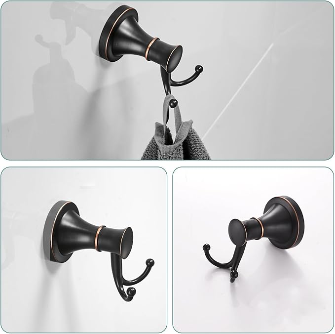 Hoimpro Oil Rubbed Bronze Bathroom Accessory Set, 4-Piece Wall Mount Hardware with Adjustable Towel Bar Rack, Towel Ring, Paper Towel Holder, Double Towel Hooks
