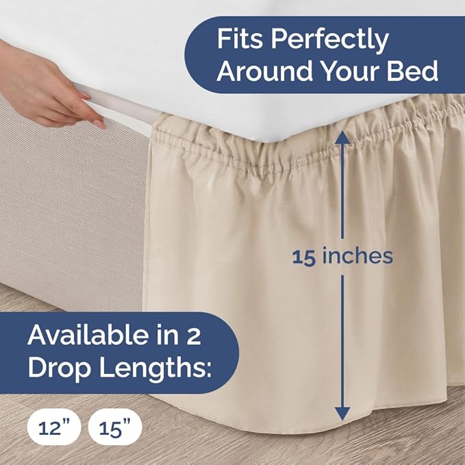 Wrap Around Dust Ruffle Bed Skirt - Wheat - for Full Size Beds w/ 15 Inch Drop - Easy Fit Elastic Strap - Adjustable Pleated Bedskirt w/Brushed Fabric - Wrinkle Free - for Women, Men, Kids & Teens