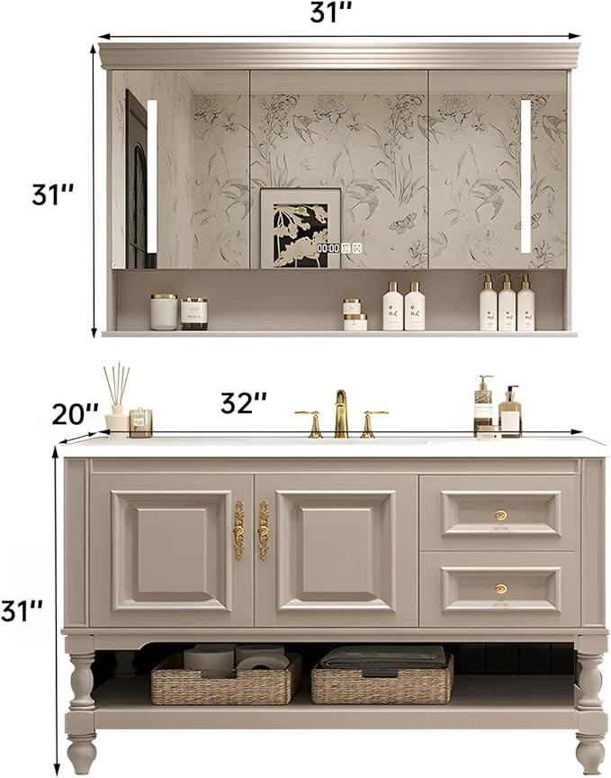 32" Bathroom Vanity with Sink,Freestanding Bathroom Vanity Large Storage Cabinet & Open Mirror Cabinet,2 Soft Closing Doors and 2 Drawers Solid Wood Luxury Bathroom Vanities Set,White