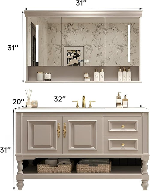 32" Bathroom Vanity with Sink,Freestanding Bathroom Vanity Large Storage Cabinet & Open Mirror Cabinet,2 Soft Closing Doors and 2 Drawers Solid Wood Luxury Bathroom Vanities Set,White