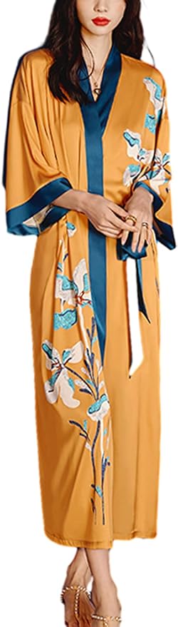 Silk Satin Robe for Women Long Japanese Kimono Robe Lightweight Soft Bathrobe Floral Luxury Dressing Gown