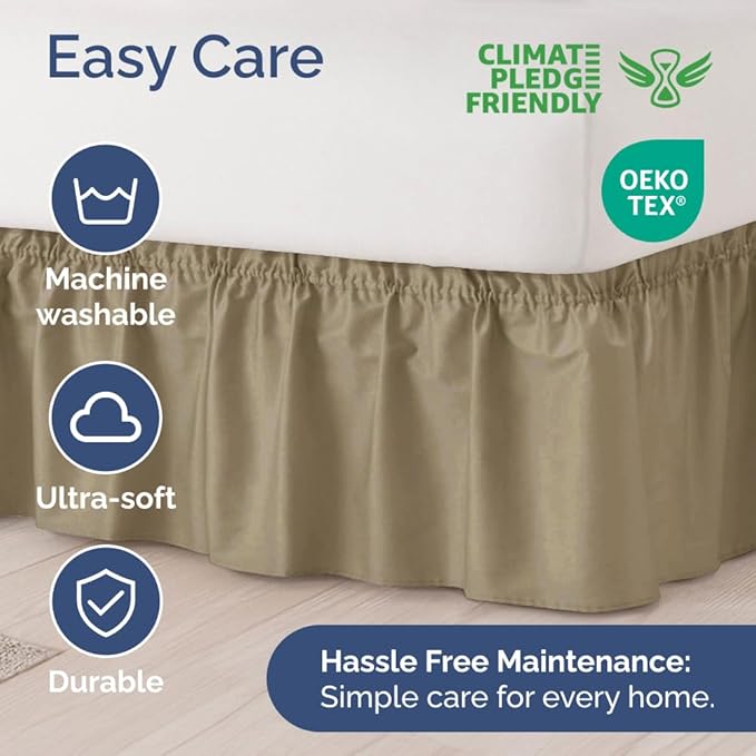 Wrap Around Dust Ruffle Bed Skirt - Khaki - for Full Size Beds w/ 15 Inch Drop - Easy Fit Elastic Strap - Adjustable Pleated Bedskirt w/Brushed Fabric - Wrinkle Free - for Women, Men, Kids & Teens