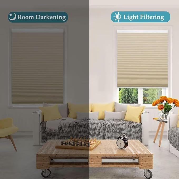 MYshade 1.5-Inch Cellular Cordless Light Filtering Shades,Thermal Insulating Noise Reducing Waterproof Blinds,Honeycomb Window Treatments for Indoor Light Control (Beige-24 W x 50" H)