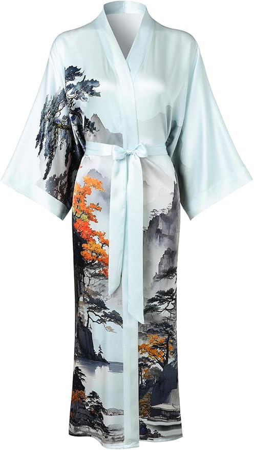 Women's Silk Kimono Robe Long Bathrobe Nightgown 100% Mulberry Silk for Women - Classic Floral Pattern