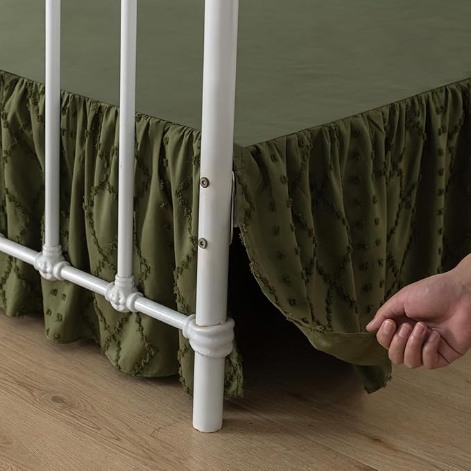 Bed Skirt Queen Size Ruffled Bed Skirt with Split Corners, 16 Inch Drop Dust Ruffle Bed Skirts with Platform, Boho Tufted Shabby Chic Queen Size Bed Skirts, Olive Green