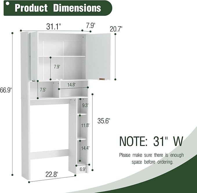 31" W Over The Toilet Storage Cabinet with Fluted Door, White Bathroom Organizer with Adjustable Shelf, Toilet Paper Holder Stand Wave Door for Restroom, Laundry Room