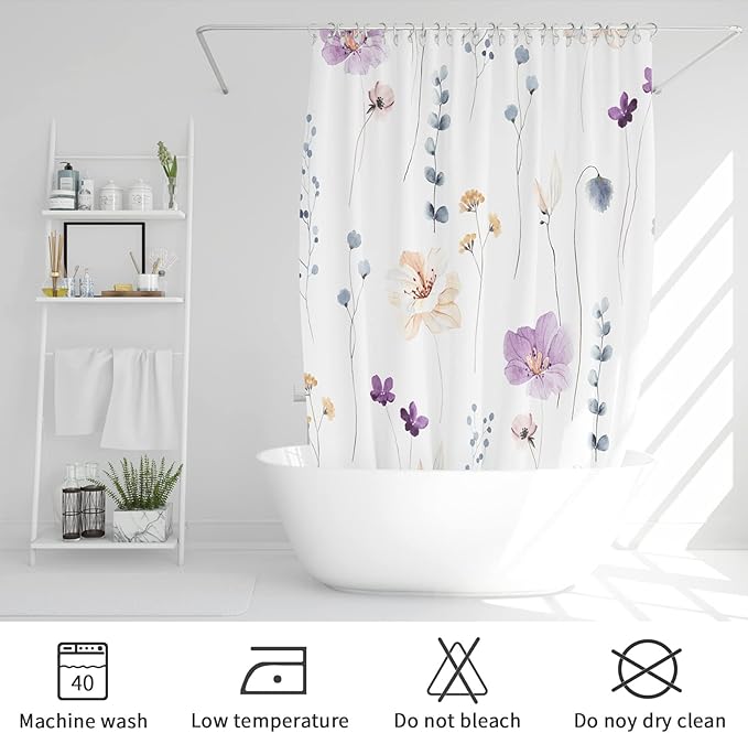 Gibelle Extra Long Shower Curtain 72 x 84, Watercolor Floral Fabric Shower Curtain, Purple Beige Flower Decorative Bathroom Shower Curtain Set with Hooks