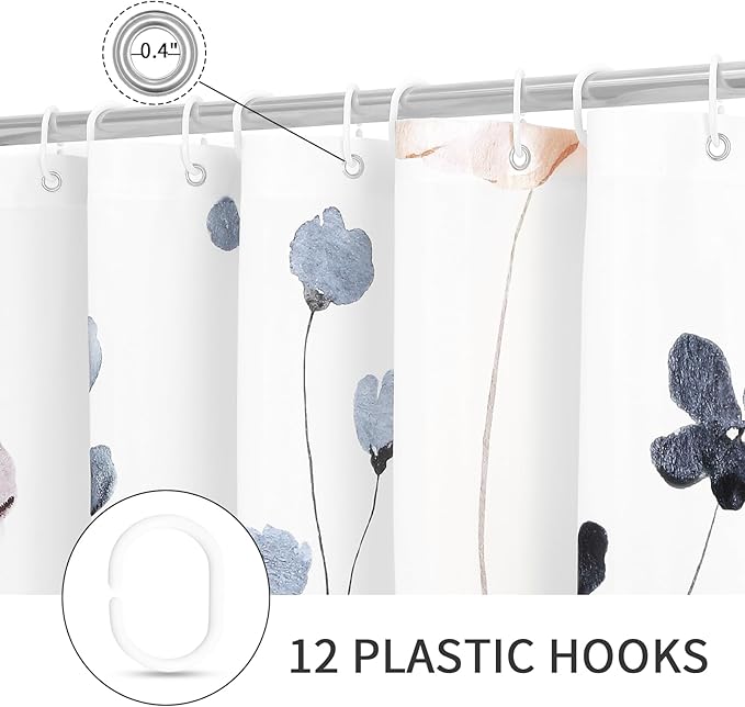 Gibelle Extra Long Shower Curtain 72 x 84, Watercolor Floral Fabric Shower Curtain, Blue Beige Flower Decorative Bathroom Shower Curtain Set with Hooks