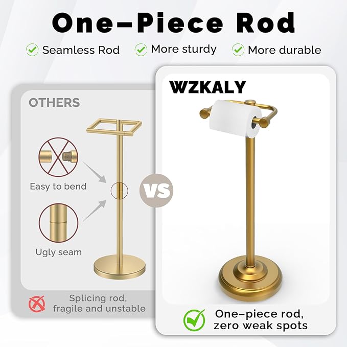 Toilet Paper Holder Stand, Brushed Brass Toilet Paper Holder Free Standing, Post Pivoting Design & Stable Weighted Base SUS304 Stainless Steel for Bathroom(Mega Roll)