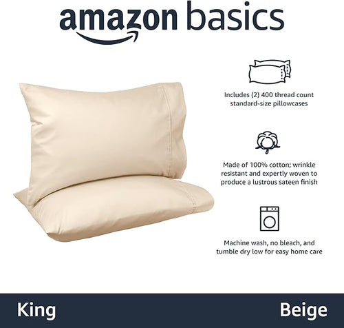 Amazon Basics 400 Thread Count Cotton Pillow Case, King, Set of 2, Beige, 40" L x 20" W, Pillows Not Included