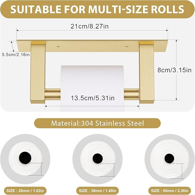 Brushed Gold Bathroom Toilet Paper Holder Wall Mount, Stainless Steel Commercial Toilet Paper Dispenser Paper Towel Holder, Large Bathroom Toilet Tissue Roll Holder