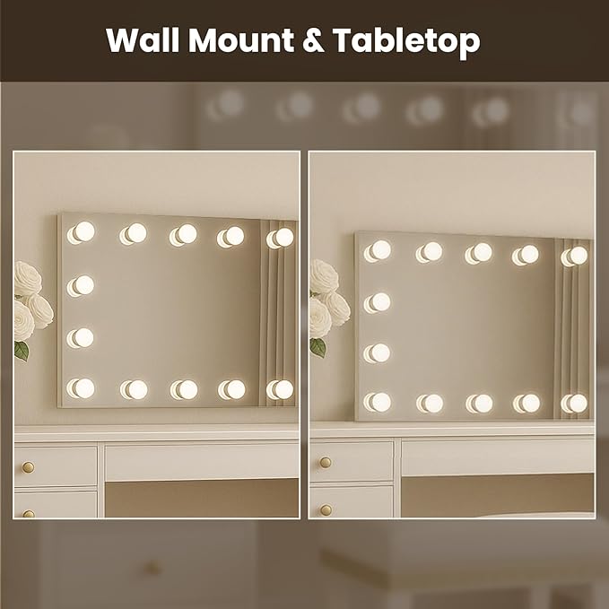 WTTY LED Bathroom Mirror with Lights 48"x36" Hollywood Wall-Mounted Mirror with 3 Color Temperatures, Stepless Dimmable Bulbs, Anti-Fog & Shatter-Proof