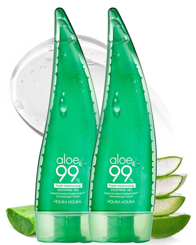 HOLIKA HOLIKA Aloe 99% Soothing Gel Fresh Moisturizing, 8.5 Ounce, 250ml 2 Pack - No Sticky 99% Aloe Vera Sunburn Relief - Moisturizing, Fast Absorbing for Face, Skin, Body&Hair