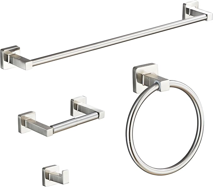 Brushed Nickel Bathroom Hardware Set 4 Pieces,Bathroom Accessories Set Stainless Steel Wall Mounted, Hand Towel Bar, Towel Ring, Robe Towel Hooks,Toilet Paper Holder,Towel Bar Set, 23.6 Inch