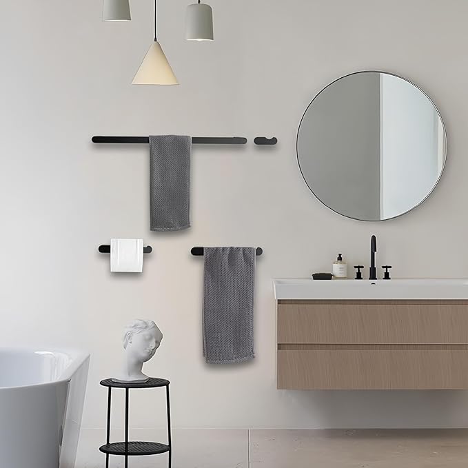 Bathroom Hardware Set, 4-Piece Towel Rack Towel Bar Towel Holder Toilet Paper Holder Towel Hooks Wall Mounted Bath Towel Bars Matte Black Stainless Steel Bathroom Accessories Set, 23 inch