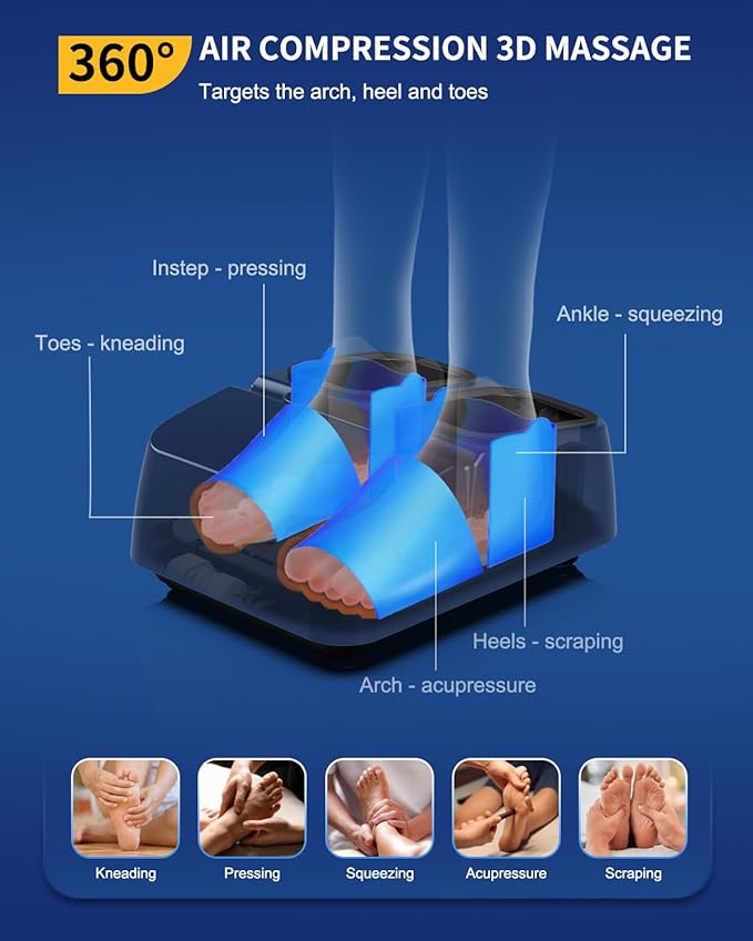 MOUNTRAX Foot Massager Machine with Heat, Foot Massager for Plantar Fasciitis, Neuropathy Pain, Shiatsu Foot Massager with Remote, Fits Feet Up to Men Size 12 (Blue)