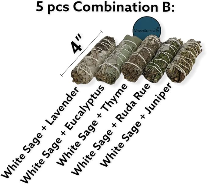 NESSASTORES - White Sage Mixture Smudge Sampler Kit 4" Bundles #JC-230 (3 Kits, 5 pcs Combination B)