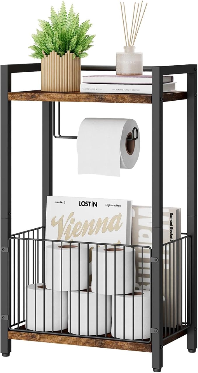 IBUYKE Freestanding Toilet Paper Holder Stand with Storage Shelf,Bathroom Toilet Tissue Roll Dispenser with Extra Space for Rolls, Magazines, Wet Wipes Brown TLJ020H