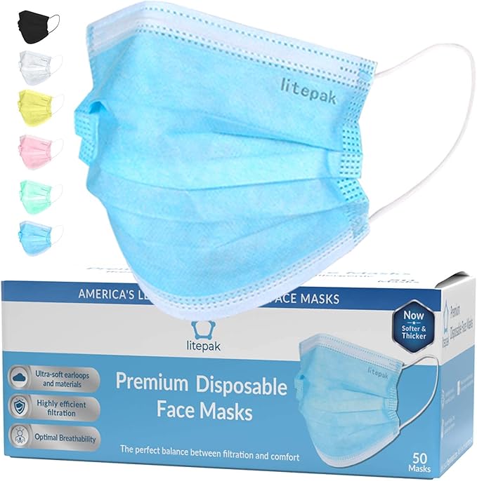Litepak 2000pcs Disposable Face Masks Black 3-Ply Adult Mask Nose Wire Protection - Breathable Protective Face Covering