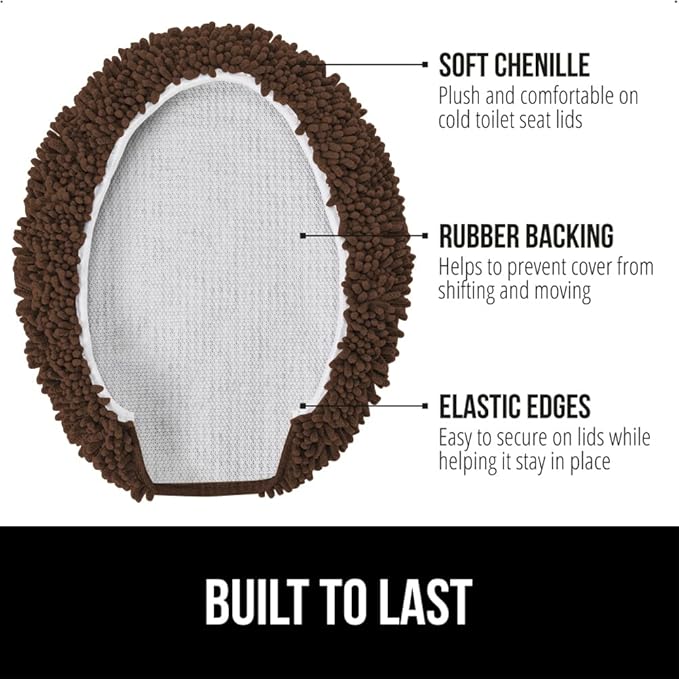 GORILLA GRIP Soft Chenille Bathroom Toilet Lid Cover, Machine Washable Seat Covers, 19.5x18.5, Stays in Place Rubber Backing, Fits Most Round, Elongated and Oblong Lids, Accessories Decor, Brown