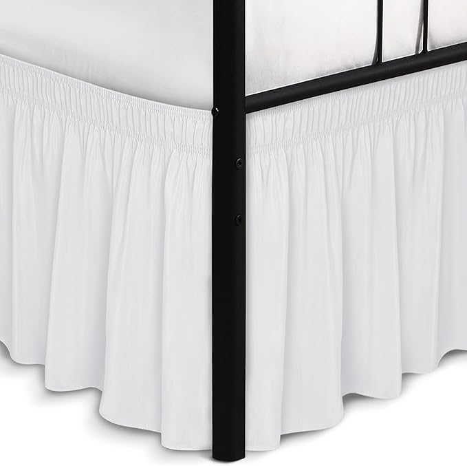 Biscaynebay Wrap Around Bed Skirts with Split Corners for Queen Beds 14" Drop, White Elastic Dust Ruffles Adjustable Easy Fit Wrinkle & Fade Resistant Silky Luxurious Fabric Machine Washable