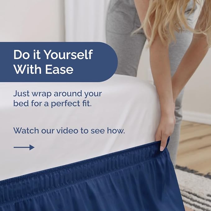 Wrap Around Dust Ruffle Bed Skirt - Navy Blue - for King Size Beds w/ 16 Inch Drop - Easy Fit Elastic Strap - Adjustable Pleated Bedskirt with Brushed Fabric, Wrinkle Free Women, Men, Kids and Teens