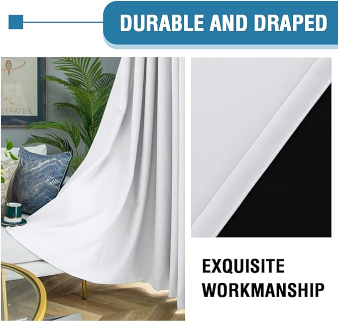 H.VERSAILTEX 100% Blackout Curtains for Bedroom Thermal Insulated Blackout Curtains 108 Inches Long Rod Pocket/Clip Rings Curtains for Living Room with Black Liner 2 Panels, Pure White