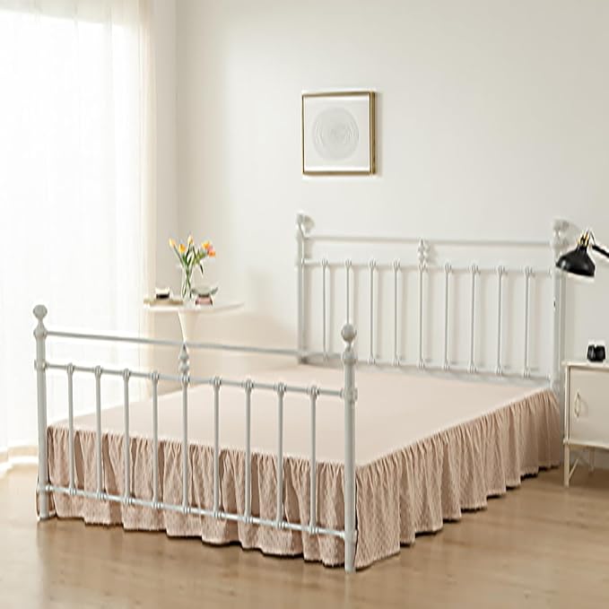 Tufted Dot Bed Skirt Queen Size Ruffled Bed Skirt with Split Corners, 14 Inch Drop Dust Ruffle Bed Skirts with Platform, Cream
