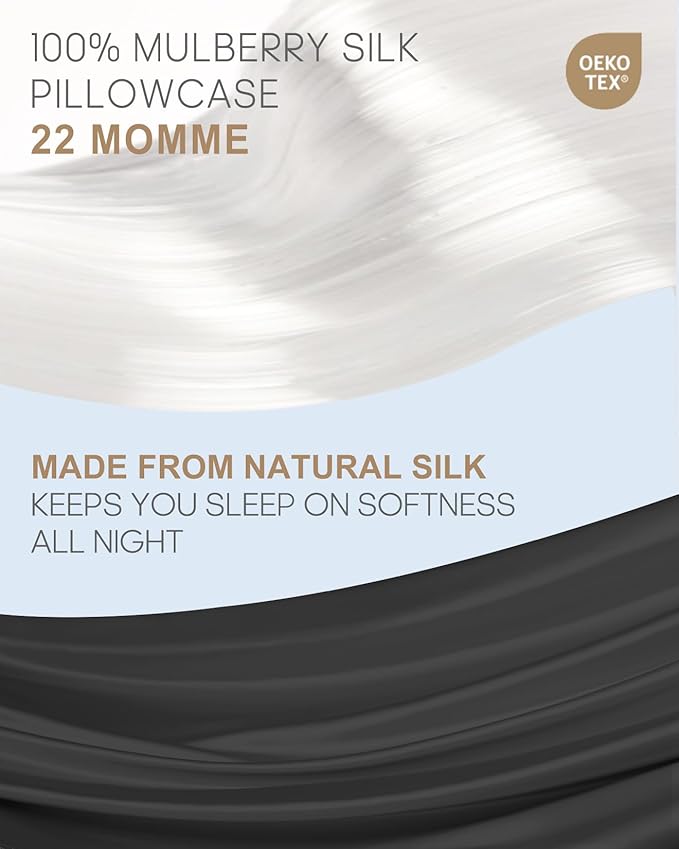 THXSILK Set of 2 100% Mulberry Silk Pillowcase for Hair and Skin Health, 22 Momme Soft and Smooth Pillowcases with Hidden Zipper, Both Sides Premium Grade 6A+ Silk, Body Size 20"x54", Black